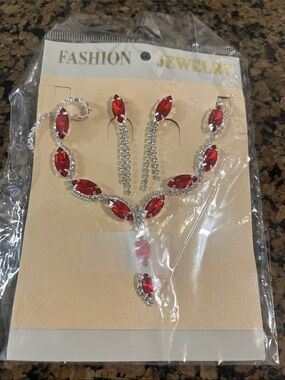 NWT Fashion Jewelry Red Crystal Necklace & Earring Set